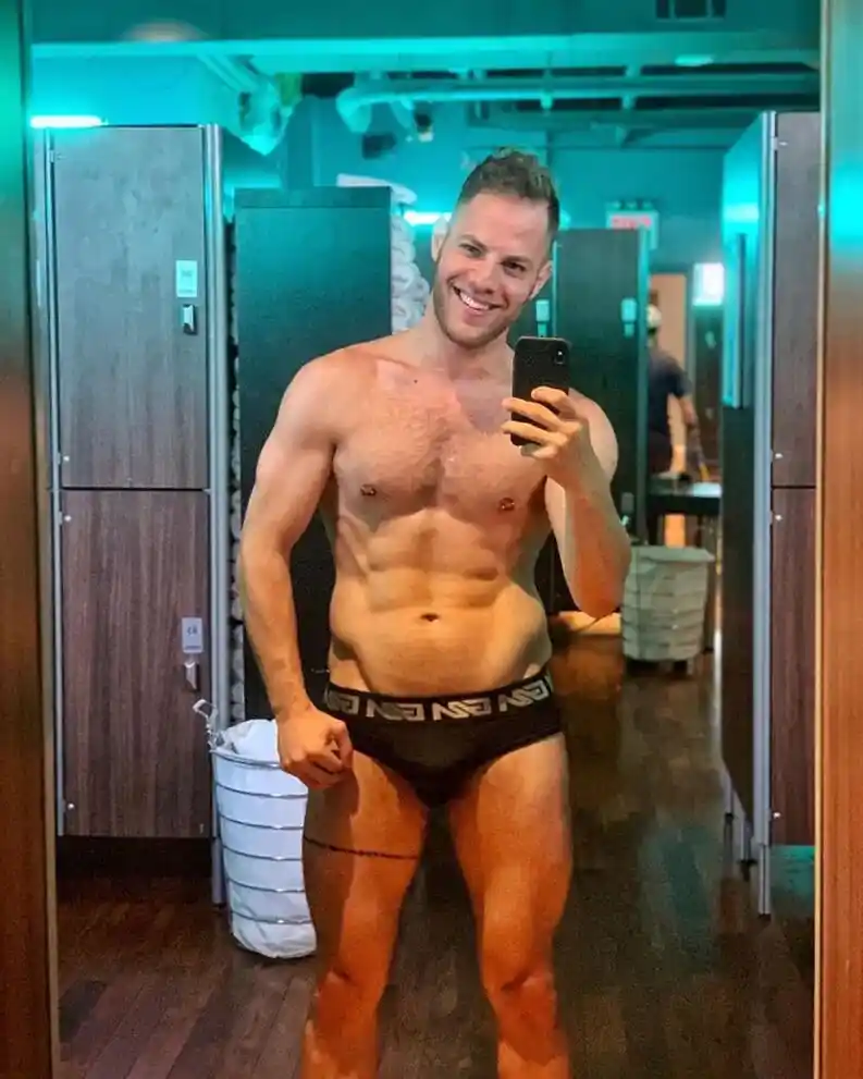 Gym/locker-room underwear vibe — sporty briefs and confidence