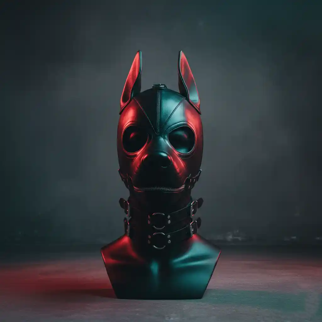 Used pup play gear listing preview with pup hood, collar and leash